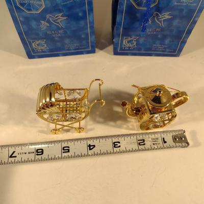 Pair of Crystal Temptations Swarovski Crystal 24 Kt Gold Plated Figurines- Teapot and Baby Carriage