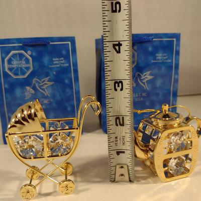 Pair of Crystal Temptations Swarovski Crystal 24 Kt Gold Plated Figurines- Teapot and Baby Carriage