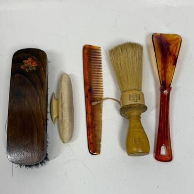 Vintage lot of Grooming Tools - shoe brush, face brush, nail buff, comb, shoe horn wood and early plastics