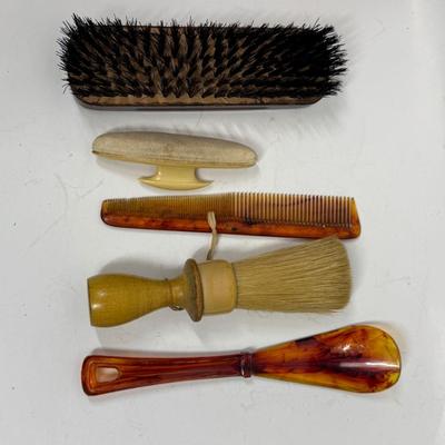 Vintage lot of Grooming Tools - shoe brush, face brush, nail buff, comb, shoe horn wood and early plastics