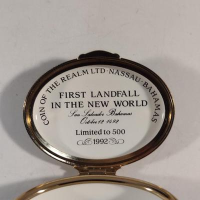 Limited Edition Toye Kenning & Spencer English Enamel Hinged Oval Box- First Landfall in the New World- Number 145/500