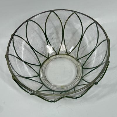 Mid Century Clear Glass, Gold Speckled Bowl in Gold Tone Metal Holder