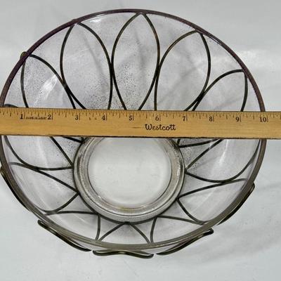 Mid Century Clear Glass, Gold Speckled Bowl in Gold Tone Metal Holder