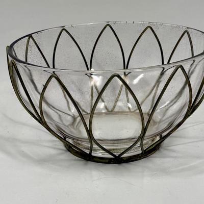Mid Century Clear Glass, Gold Speckled Bowl in Gold Tone Metal Holder