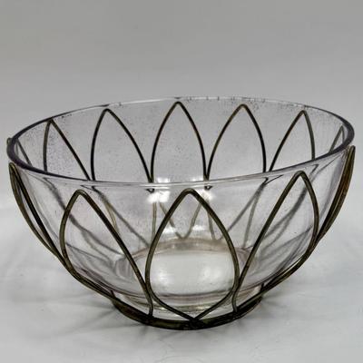 Sale Photo Thumbnail #230: Good condition, there is a bit of tarnish in several places on the metalwork. Large bowl, approx. 10'' diameter. No chips or cracks.