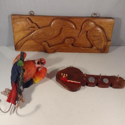 Collection of Wall Hangings- Hooks and Carved Wooden Plaque