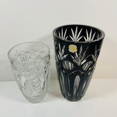 LOT 2: Set of Two (2) Beautiful Cut Crystal` Vases Featuring Dark Red Hand Blown Lead Crystal Vase
