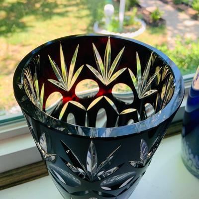 LOT 2: Set of Two (2) Beautiful Cut Crystal` Vases Featuring Dark Red Hand Blown Lead Crystal Vase