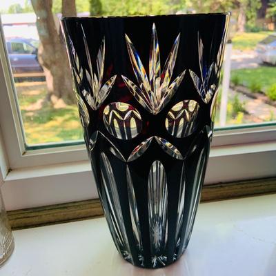LOT 2: Set of Two (2) Beautiful Cut Crystal` Vases Featuring Dark Red Hand Blown Lead Crystal Vase