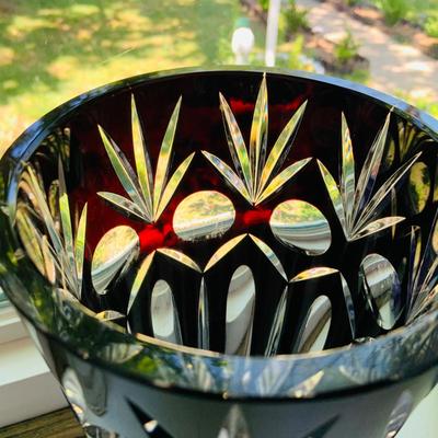 LOT 2: Set of Two (2) Beautiful Cut Crystal` Vases Featuring Dark Red Hand Blown Lead Crystal Vase