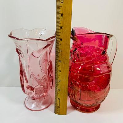 LOT 3: Fenton Ocean Waves Pink Glass Vase and Cranberry Glass Toby Jug