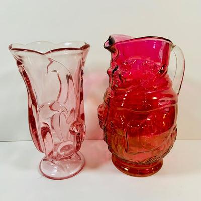 LOT 3: Fenton Ocean Waves Pink Glass Vase and Cranberry Glass Toby Jug