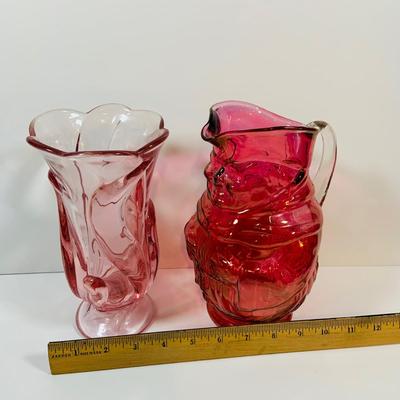 LOT 3: Fenton Ocean Waves Pink Glass Vase and Cranberry Glass Toby Jug