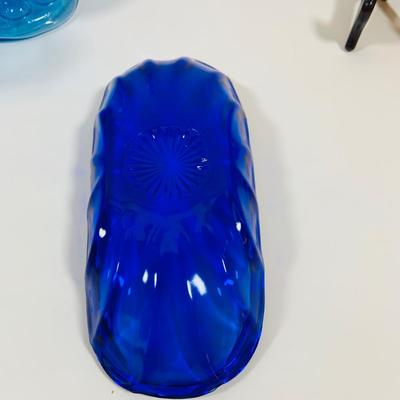 LOT 4: Beautiful Cobalt Blue Glass Collection Including Relish Dish, Bell with Etched Bird, Glass Toby Jug, Wheaton Season’s Greeting...
