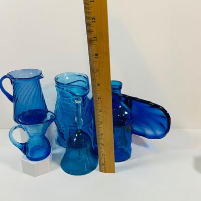LOT 4: Beautiful Cobalt Blue Glass Collection Including Relish Dish, Bell with Etched Bird, Glass Toby Jug, Wheaton Season’s Greeting...