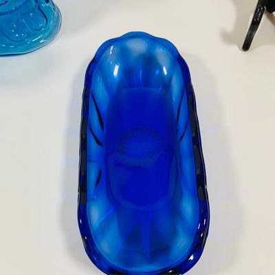 LOT 4: Beautiful Cobalt Blue Glass Collection Including Relish Dish, Bell with Etched Bird, Glass Toby Jug, Wheaton Season’s Greeting...