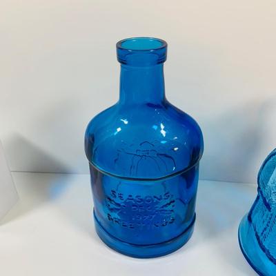 LOT 4: Beautiful Cobalt Blue Glass Collection Including Relish Dish, Bell with Etched Bird, Glass Toby Jug, Wheaton Season’s Greeting...