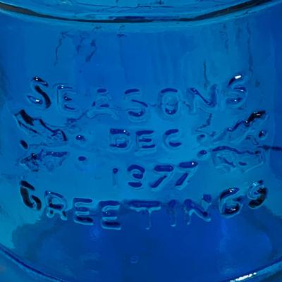 LOT 4: Beautiful Cobalt Blue Glass Collection Including Relish Dish, Bell with Etched Bird, Glass Toby Jug, Wheaton Season’s Greeting...