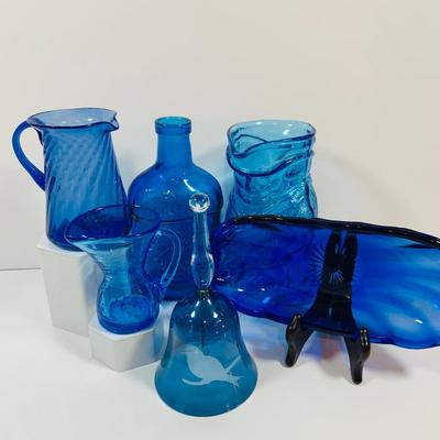 LOT 4: Beautiful Cobalt Blue Glass Collection Including Relish Dish, Bell with Etched Bird, Glass Toby Jug, Wheaton Season’s Greeting...