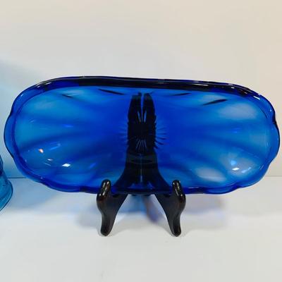 LOT 4: Beautiful Cobalt Blue Glass Collection Including Relish Dish, Bell with Etched Bird, Glass Toby Jug, Wheaton Season’s Greeting...