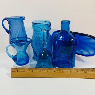 LOT 4: Beautiful Cobalt Blue Glass Collection Including Relish Dish, Bell with Etched Bird, Glass Toby Jug, Wheaton Season’s Greeting...