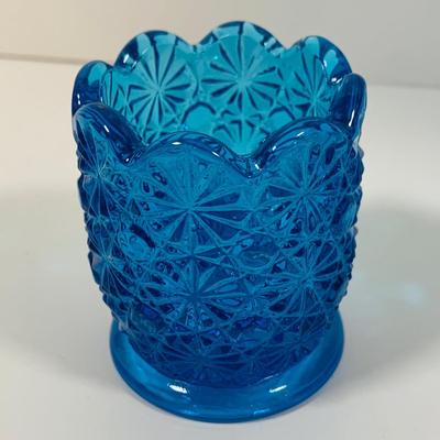 LOT 6: Collection of Blue Glass Vases Featuring Fenton Colonial Blue Hobnail Ruffle Top Vase and More