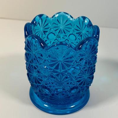 LOT 6: Collection of Blue Glass Vases Featuring Fenton Colonial Blue Hobnail Ruffle Top Vase and More