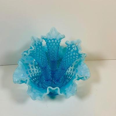 LOT 7: Fenton Hobnail Blue Three Horn Epergne Bud Vase