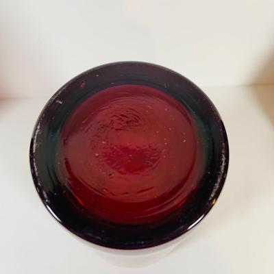 Lot 9: Bohemian Czech Amethyst Cut Glass Decanter and Tumbler and Red Art Glass Vases
