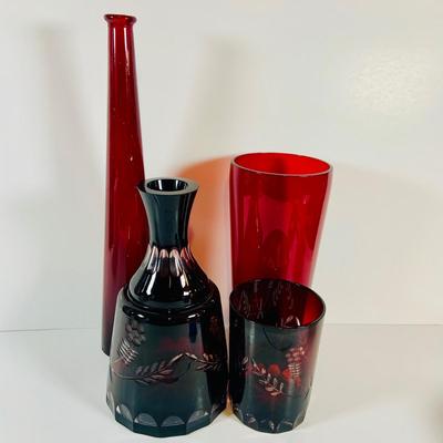 Lot 9: Bohemian Czech Amethyst Cut Glass Decanter and Tumbler and Red Art Glass Vases