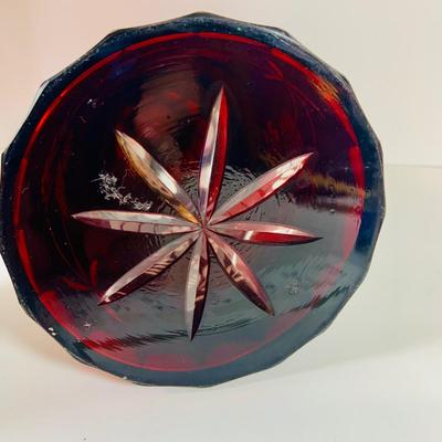Lot 9: Bohemian Czech Amethyst Cut Glass Decanter and Tumbler and Red Art Glass Vases