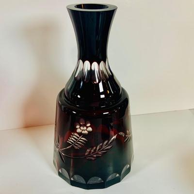 Lot 9: Bohemian Czech Amethyst Cut Glass Decanter and Tumbler and Red Art Glass Vases