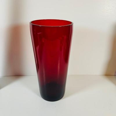 Lot 9: Bohemian Czech Amethyst Cut Glass Decanter and Tumbler and Red Art Glass Vases