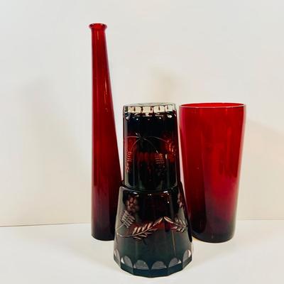 Lot 9: Bohemian Czech Amethyst Cut Glass Decanter and Tumbler and Red Art Glass Vases