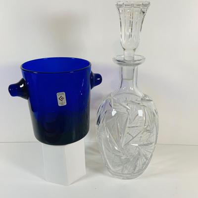 LOT 10: Cobalt Blue Italian Made Glass Ice Bucket by Clive and Crystal Cut Glass Decanter with Stopper
