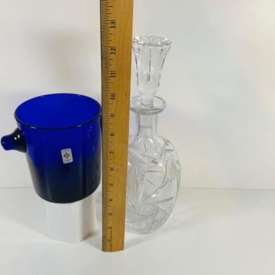 LOT 10: Cobalt Blue Italian Made Glass Ice Bucket by Clive and Crystal Cut Glass Decanter with Stopper