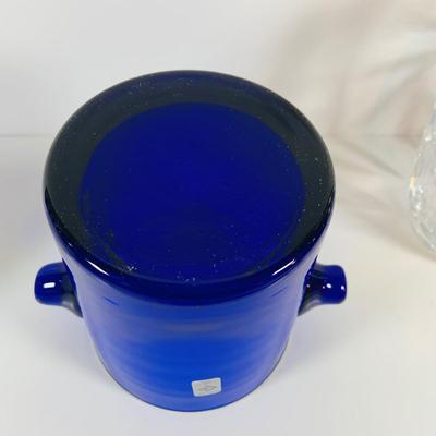 LOT 10: Cobalt Blue Italian Made Glass Ice Bucket by Clive and Crystal Cut Glass Decanter with Stopper