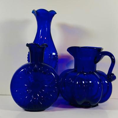 LOT 11: Cobalt Blue Glass Collection - Clevenger Pitcher & Vase, Indiana Glass Vase,