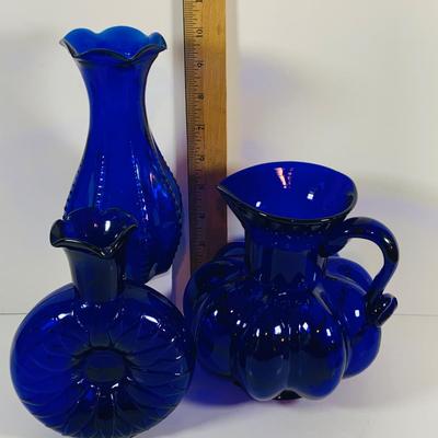 LOT 11: Cobalt Blue Glass Collection - Clevenger Pitcher & Vase, Indiana Glass Vase,
