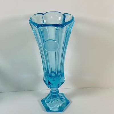 LOT 12: Fostoria Coin Blue Vase, Moon and Stars Footed Vase and Hobnail Glass Shoe