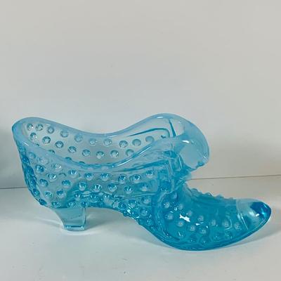 LOT 12: Fostoria Coin Blue Vase, Moon and Stars Footed Vase and Hobnail Glass Shoe