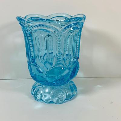 LOT 12: Fostoria Coin Blue Vase, Moon and Stars Footed Vase and Hobnail Glass Shoe