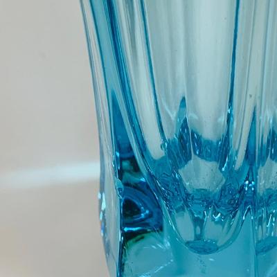 LOT 12: Fostoria Coin Blue Vase, Moon and Stars Footed Vase and Hobnail Glass Shoe