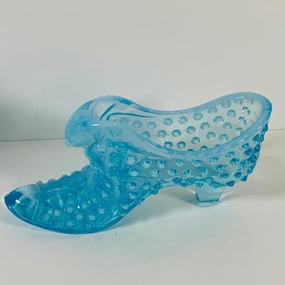 LOT 12: Fostoria Coin Blue Vase, Moon and Stars Footed Vase and Hobnail Glass Shoe