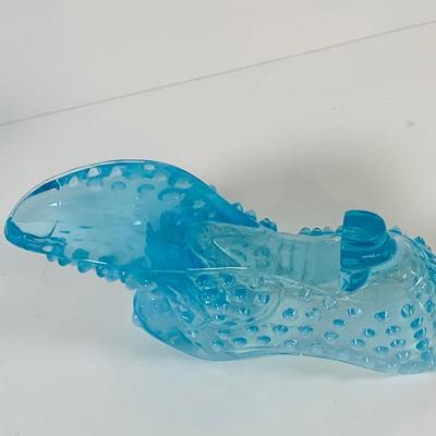 LOT 12: Fostoria Coin Blue Vase, Moon and Stars Footed Vase and Hobnail Glass Shoe