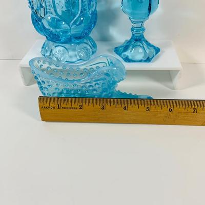 LOT 12: Fostoria Coin Blue Vase, Moon and Stars Footed Vase and Hobnail Glass Shoe