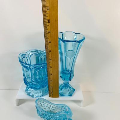LOT 12: Fostoria Coin Blue Vase, Moon and Stars Footed Vase and Hobnail Glass Shoe