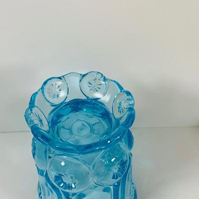 LOT 12: Fostoria Coin Blue Vase, Moon and Stars Footed Vase and Hobnail Glass Shoe