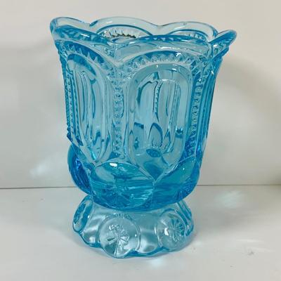 LOT 12: Fostoria Coin Blue Vase, Moon and Stars Footed Vase and Hobnail Glass Shoe