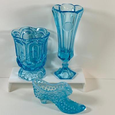 LOT 12: Fostoria Coin Blue Vase, Moon and Stars Footed Vase and Hobnail Glass Shoe